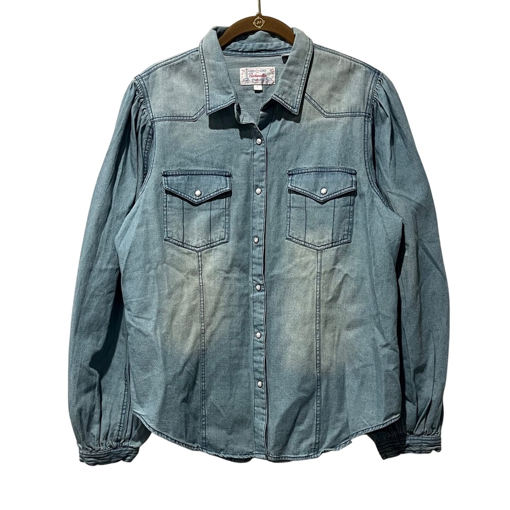 Panhandle Womens Large Denim Western Shirt Long Sleeve Pearl Snap Balloon Sleeve